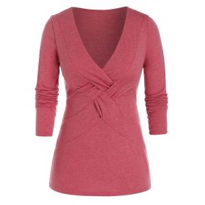 

Plus Size Low Cut Cross Long Sleeve Tee, Valentine red