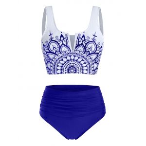 

Flower Print V Notched Padded Tankini Swimwear, Deep blue