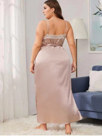 

Plus Size Side Slit Lace Trim Satin Night Dress, Light pink