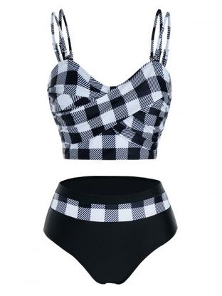 Tartan Print Crisscross Padded Tankini Swimwear