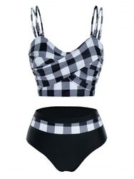 Tartan Print Crisscross Padded Tankini Swimwear - BLACK