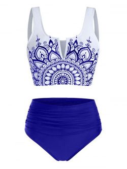 Flower Print V Notched Padded Tankini Swimwear - DEEP BLUE - XL