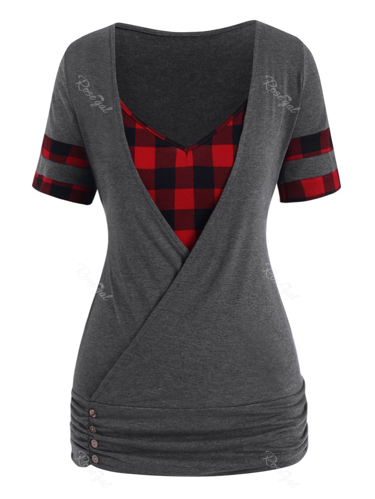 

Plus Size Plaid Insert Blouson T Shirt, Gray