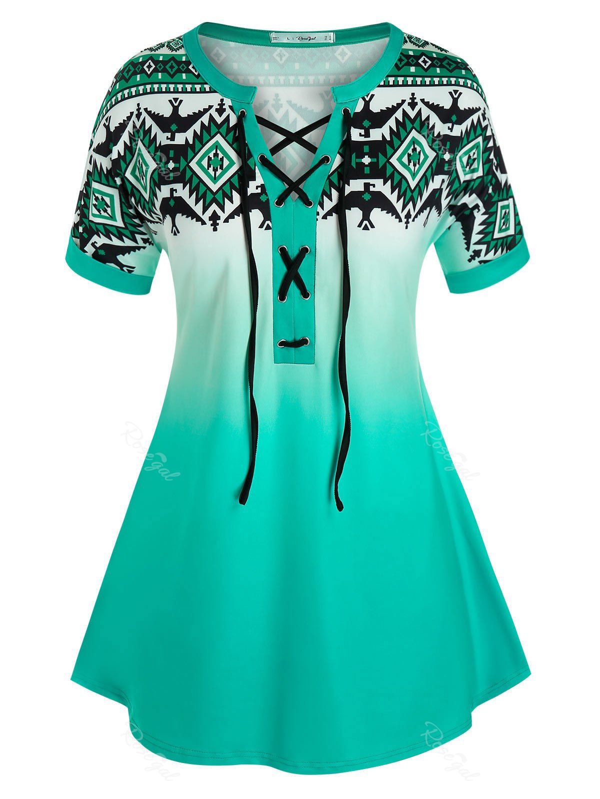 Discount Plus Size Geometric Print Lace-up Ombre Cuffed Sleeve Tee  
