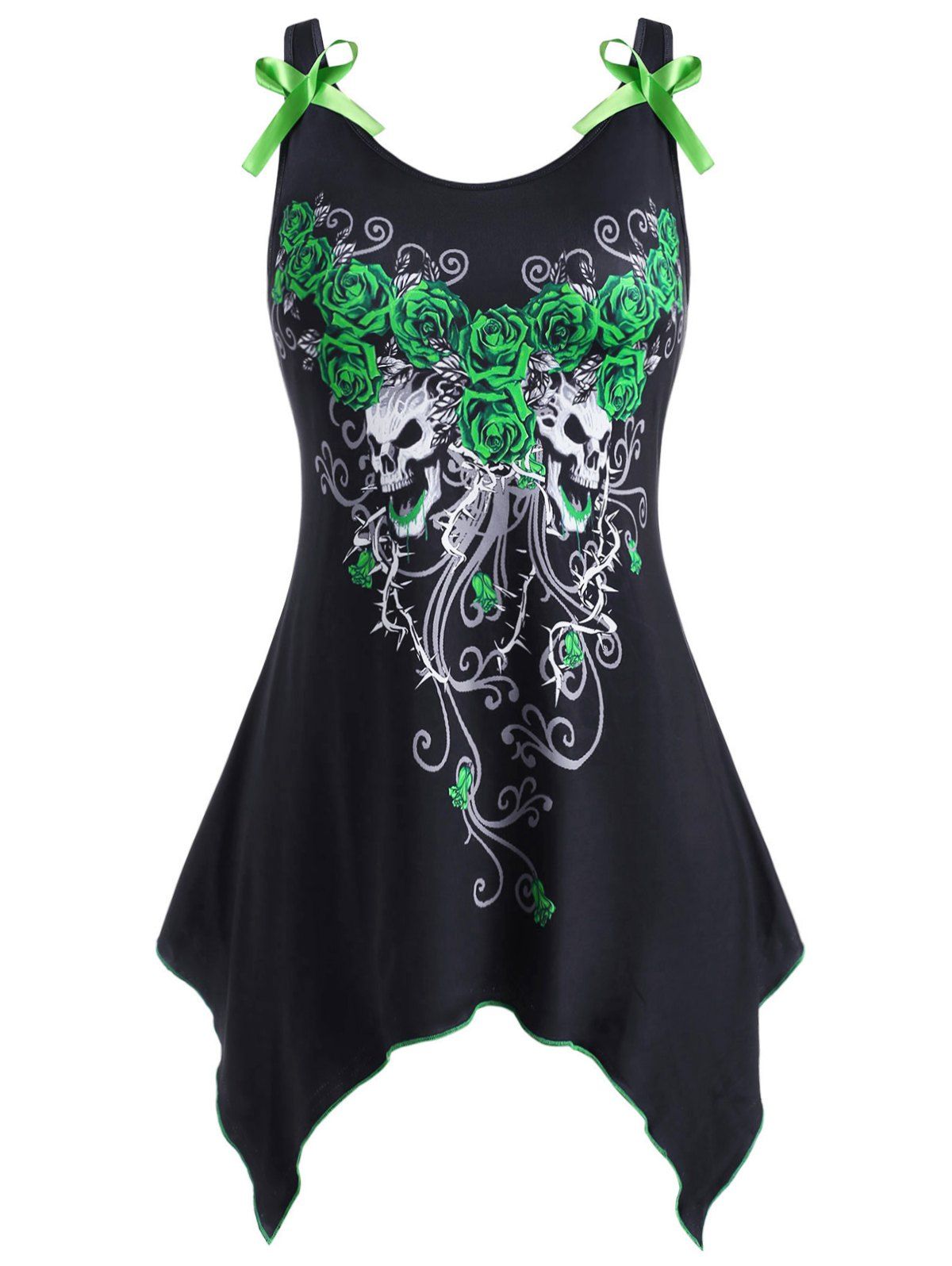 

Rose Skull Paint Splatter Bowknot Handkerchief Halloween Plus Size Tank Top, Green