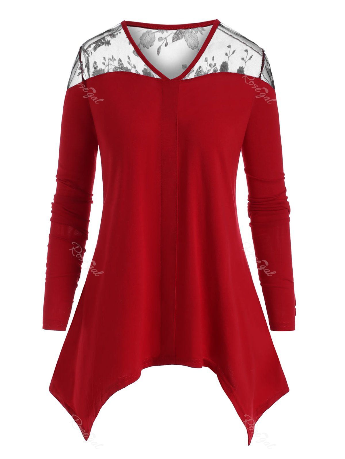 

Plus Size Handkerchief Mesh Insert T Shirt, Deep red
