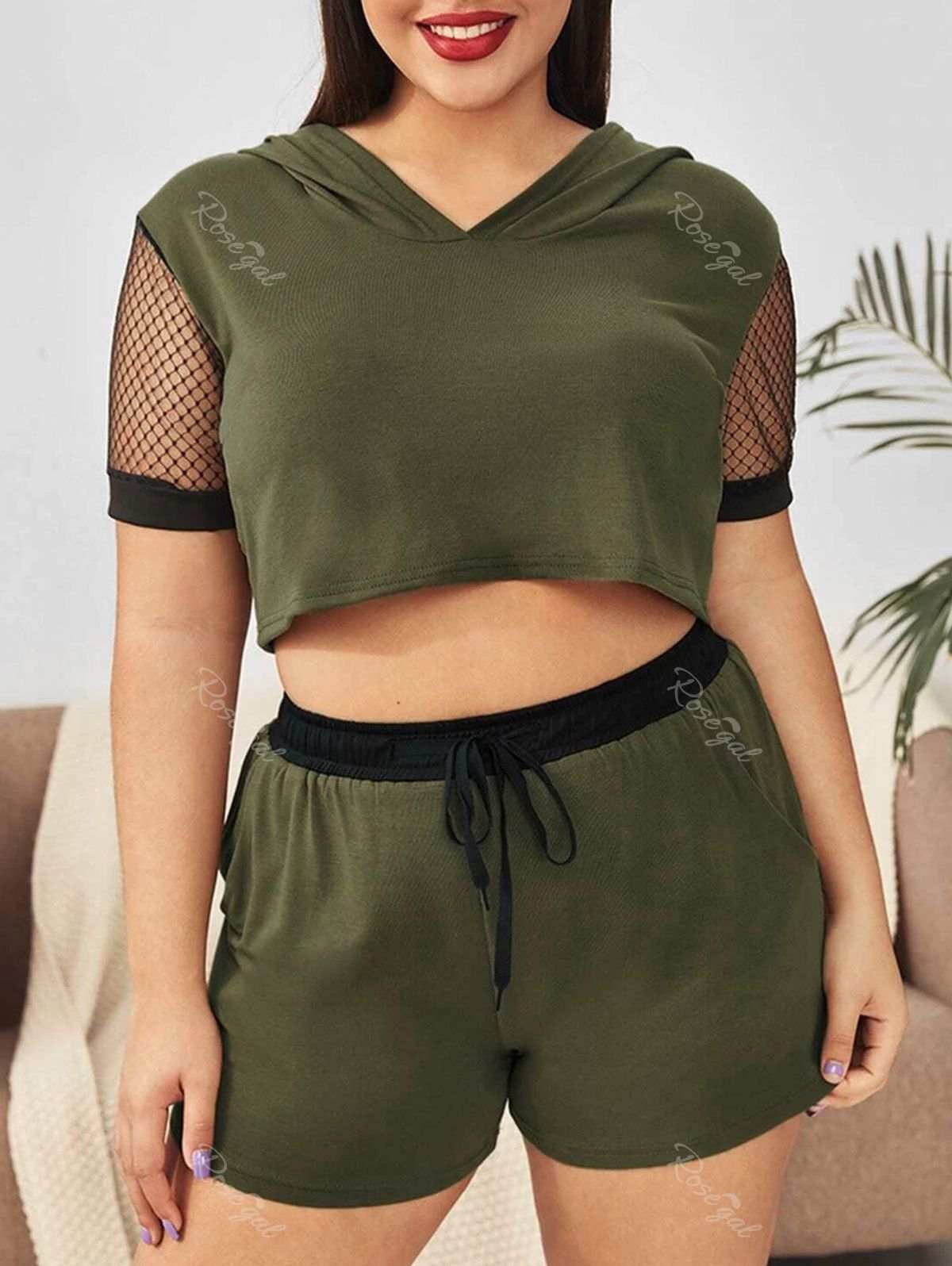 

Plus Size Mesh Sleeve Hooded Pajama Shorts Set, Deep green