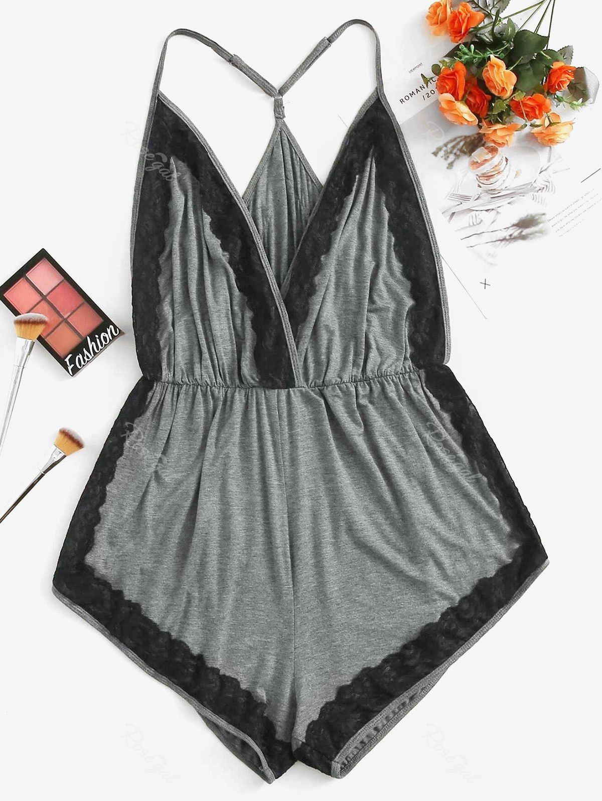 

Lace Panel Plus Size Pajama Romper, Light gray