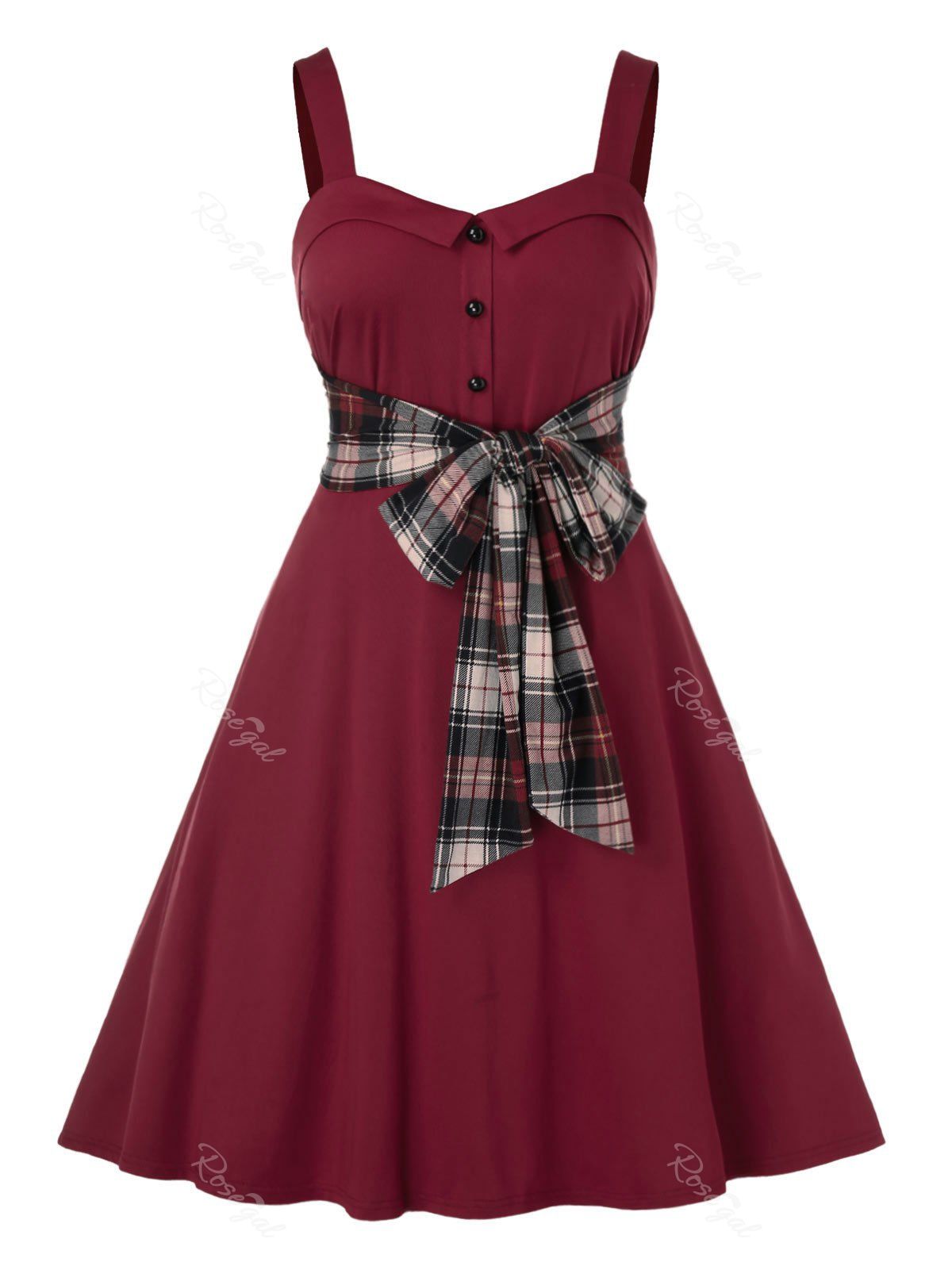 

Plus Size Plaid Bowknot Backless High Rise Dress, Red wine