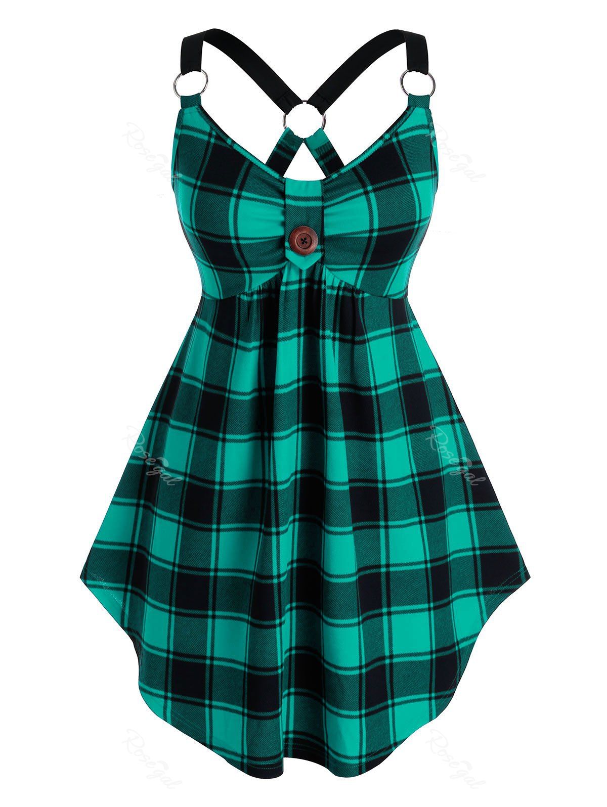 

Plus Size Plaid Cross O-ring Linked Cutout Curved Tank Top, Medium turquoise