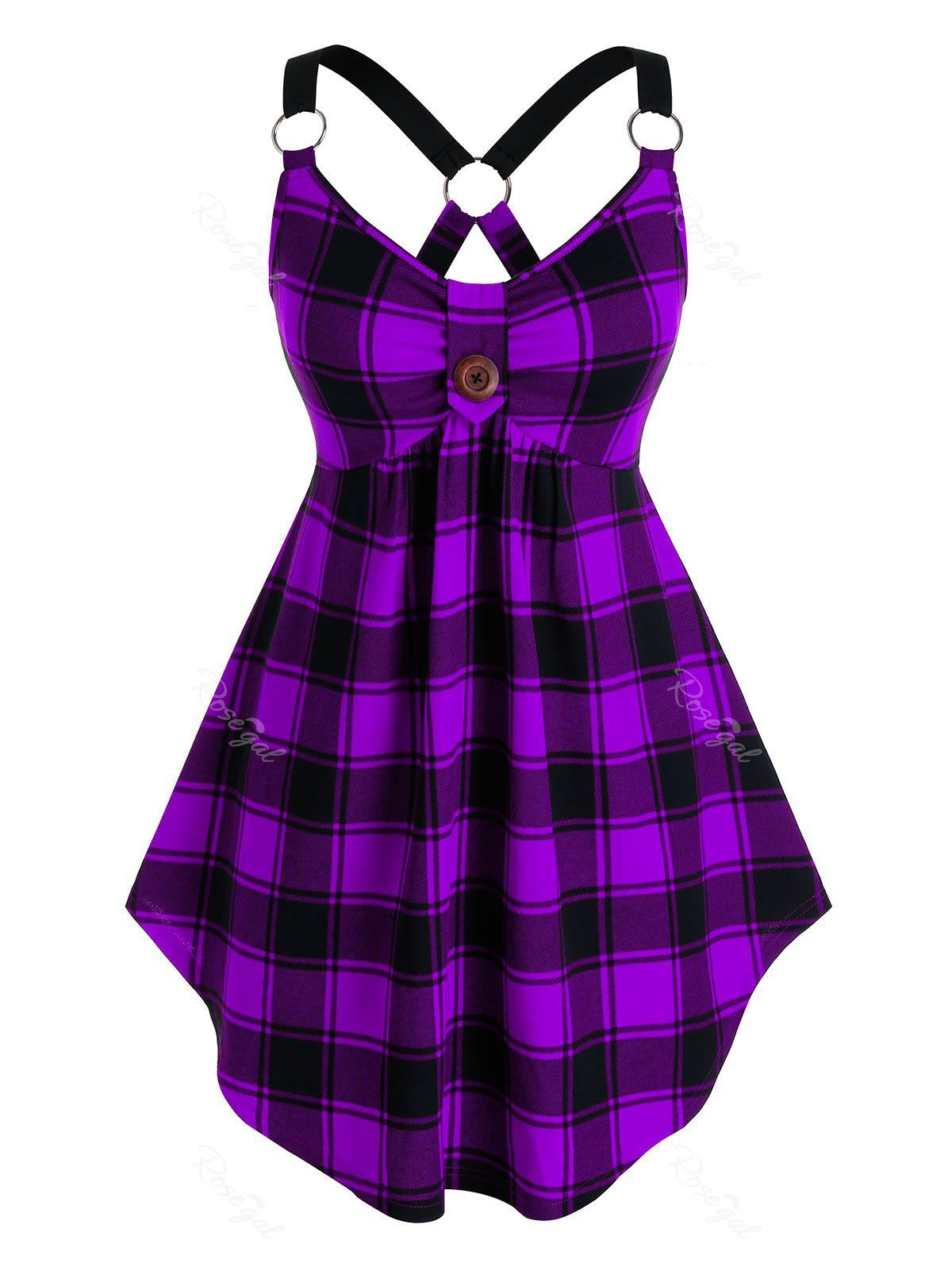 

Plus Size Plaid Cross O-ring Linked Cutout Curved Tank Top, Purple iris