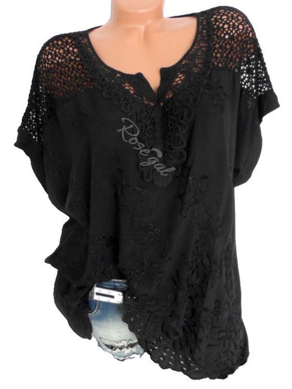 

Plus Size Hollow Out Flower Embroidered Blouse, Black