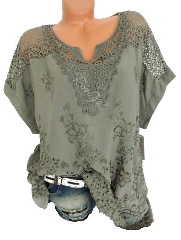 

Plus Size Hollow Out Flower Embroidered Blouse, Deep green