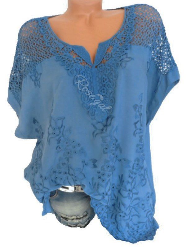 

Plus Size Hollow Out Flower Embroidered Blouse, Blue