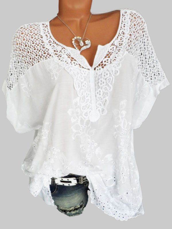 

Plus Size Hollow Out Flower Embroidered Blouse, White