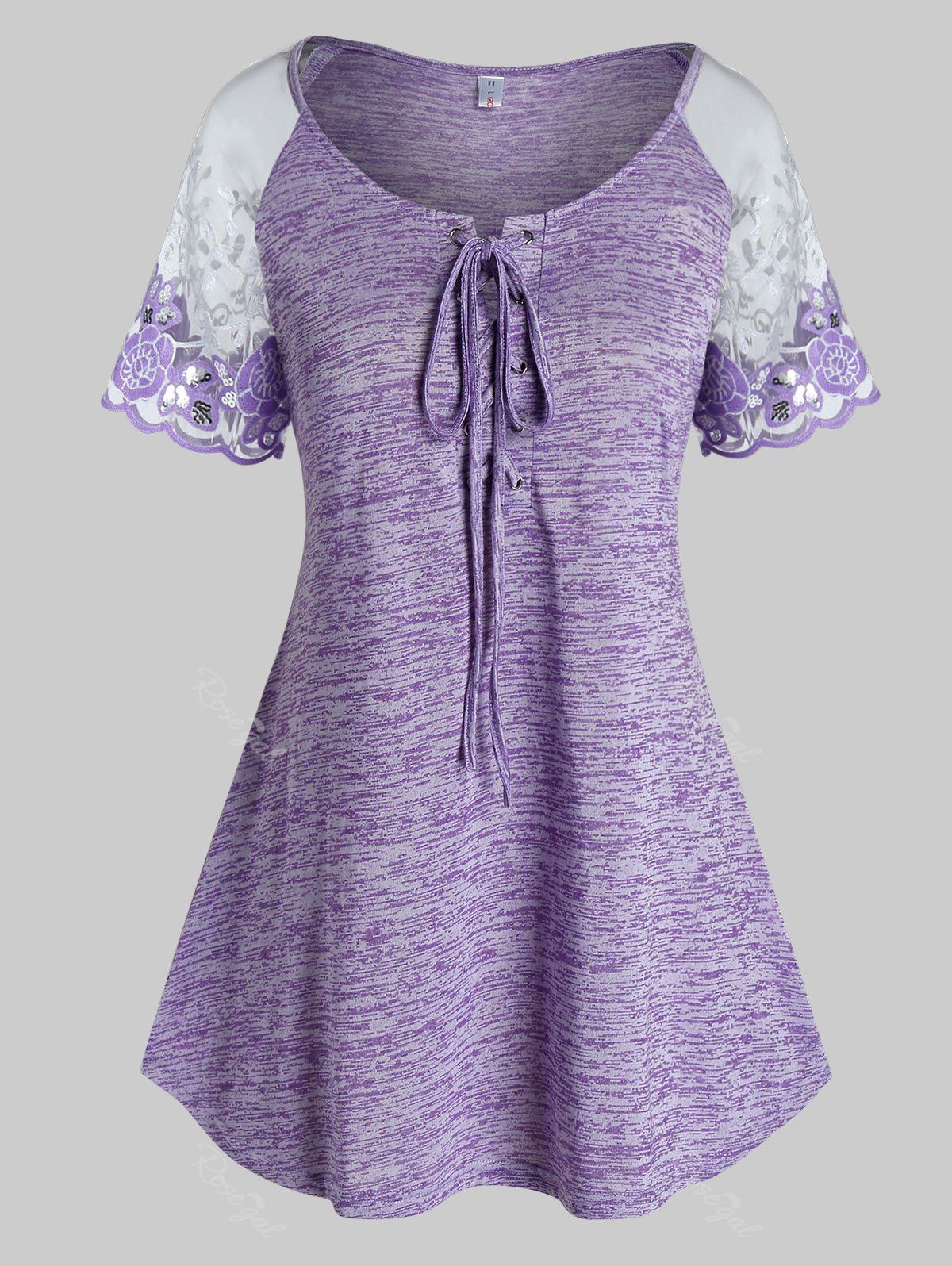 

Plus Size Lace Panel Lace-Up T Shirt, Crocus purple