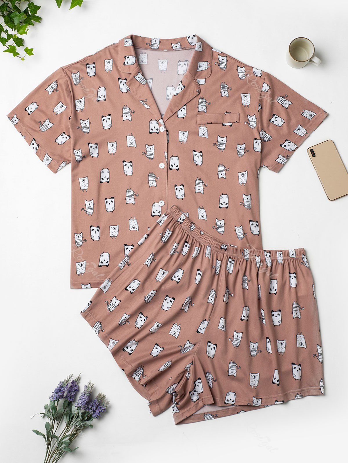 

Plus Size Cartoon Animal Print Short Pyjamas, Light pink