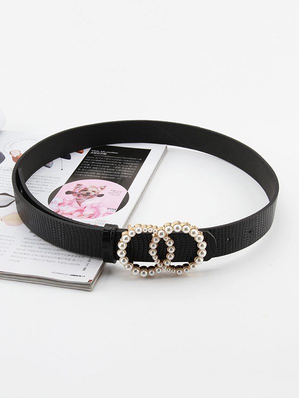

Double Circle Artificial Pearl Buckle Belt, Black