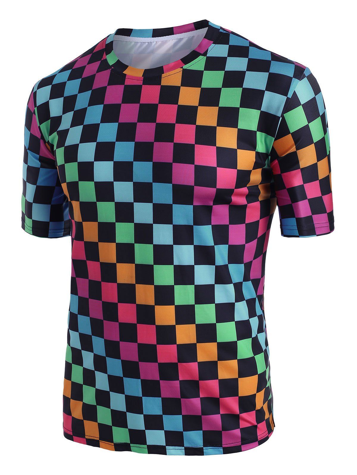 

Colorblock Checkered Print Short Sleeve T-shirt, Blue