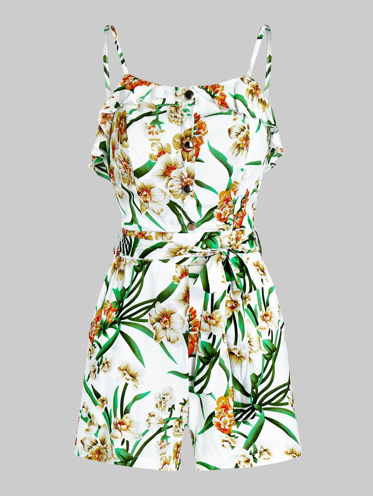 

Mock Button Floral Print Spaghetti Strap Romper, White