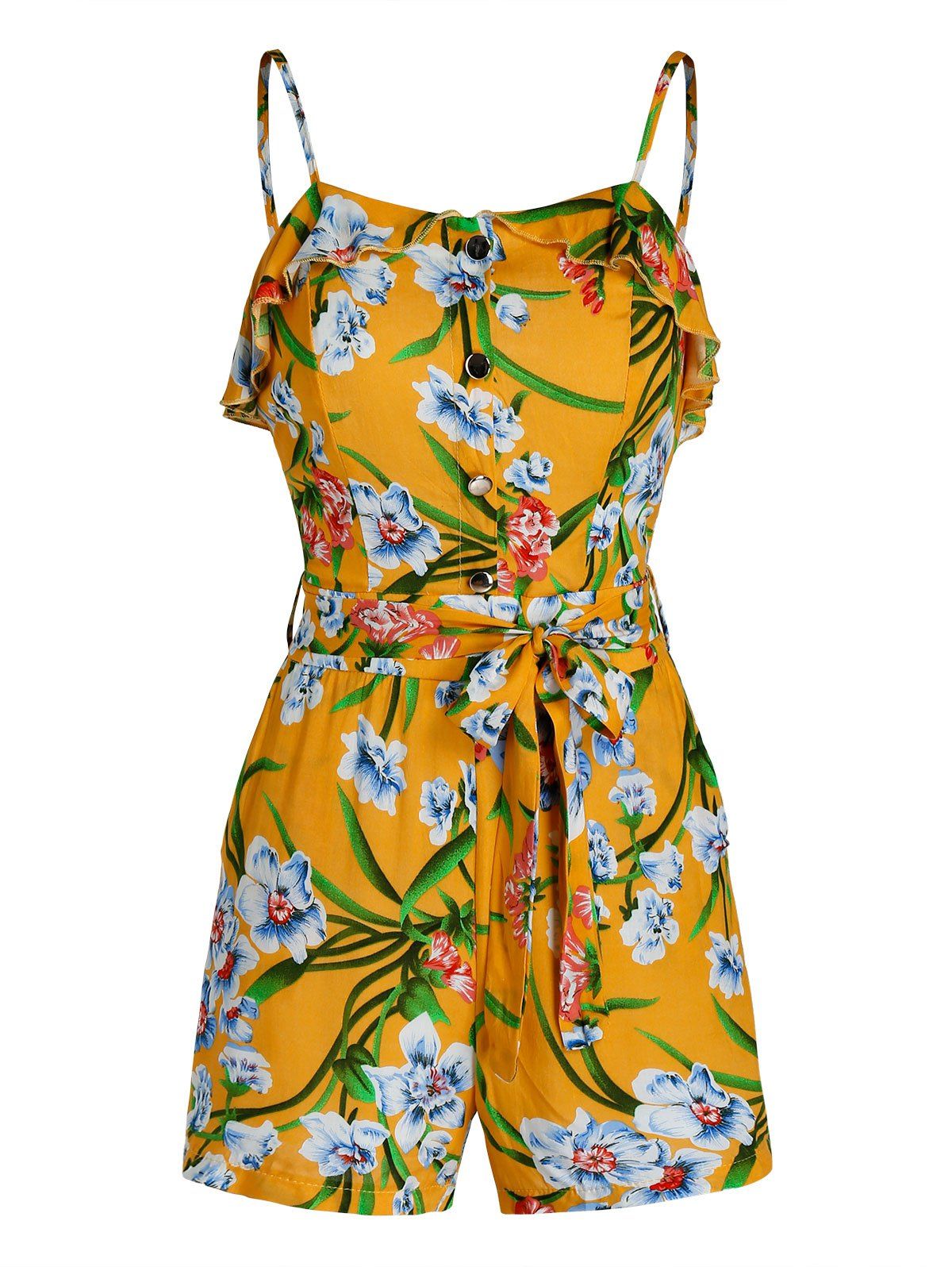 

Mock Button Floral Print Spaghetti Strap Romper, Yellow