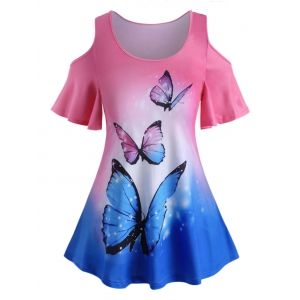

Plus Size Ombre Butterfly Print Cold Shoulder T Shirt, Light pink