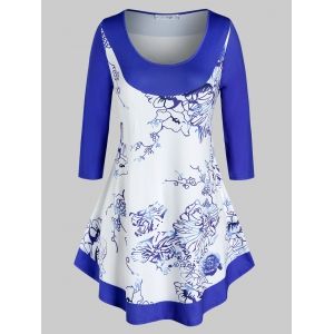 

Plus Size Printed Curved Casual Tunic Tee, Blue