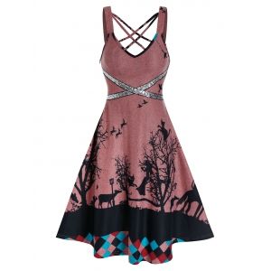 

Crisscross Sequins Tree Print Cami A Line Dress, Light pink