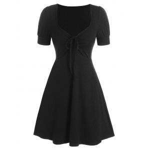 Cinched Short Sleeve Ribbed Flare Dress, Black
