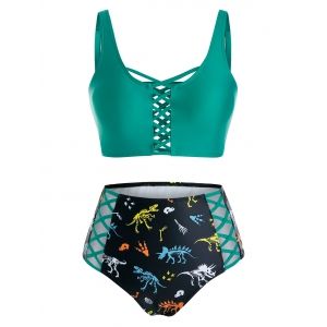 

Dinosaur Print Crisscross Cutout Padded Tankini Swimwear, Green