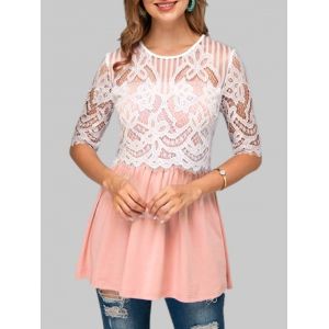 

Lace Insert Half Sleeve Flare Blouse, Pink