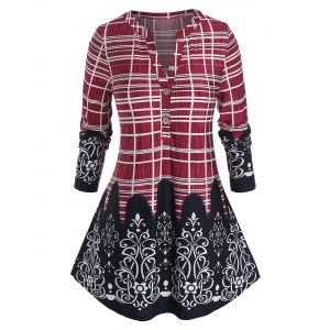 

Plus Size Plaid Print Placket V Notch Long Sleeve Tunic Tee, Red wine