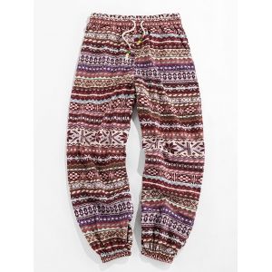 

Fair Isle Print Drawstring Casual Pants, Deep coffee