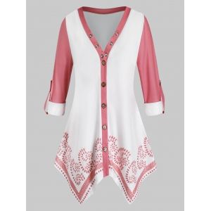 

Plus Size Button Up Roll Up Sleeves Handkerchief Blouse, Pig pink