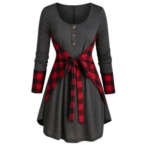 

Plus Size Plaid Knotted Curved Long Sleeve Tunic Tee, Multi