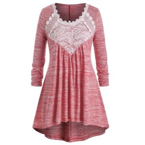 

Plus Size Space Dye Lace Panel Tunic Long Sleeve Tee, Valentine red