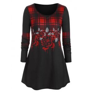 

Plus Size Plaid Rose Flowers Print Long Sleeve T-shirt, Black