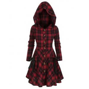 

Plus Size Plaid Flannel Tie Pocket Skirted Hooded Coat, Multi