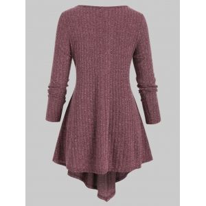 

Plus Size Ribbed Contrast Lace Asymmetric Knitwear, Red wine