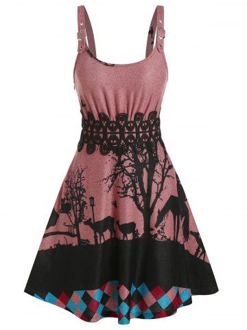 Sleeveless Animals Print Lace Panel Gothic Sweater Dress - BEAN RED - L