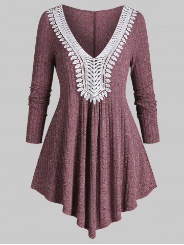 Plus Size Ribbed Contrast Lace Asymmetric Knitwear - RED WINE - L