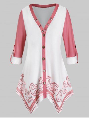 Plus Size Button Up Roll Up Sleeves Handkerchief Blouse - PIG PINK - 4X