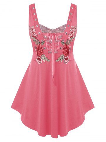 Plus Size Rose Embroidered Lace Up Sequin Tank Top