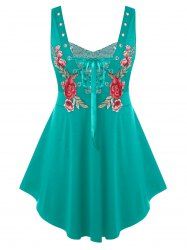Plus Size Rose Embroidered Lace Up Sequin Tank Top -  