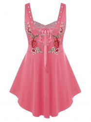 Plus Size Rose Embroidered Lace Up Sequin Tank Top -  