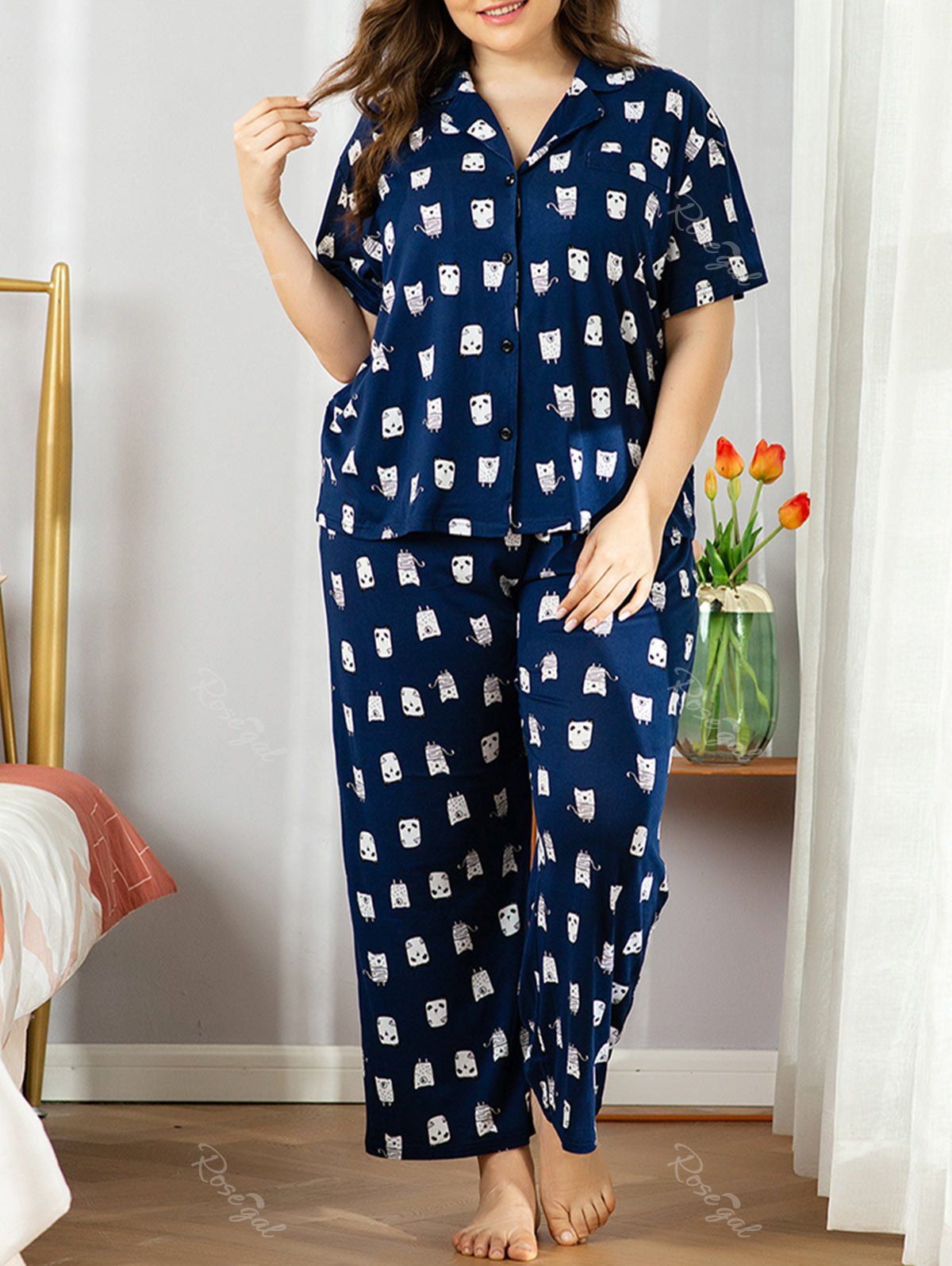 

Plus Size Cartoon Print Pyjama Set, Deep blue