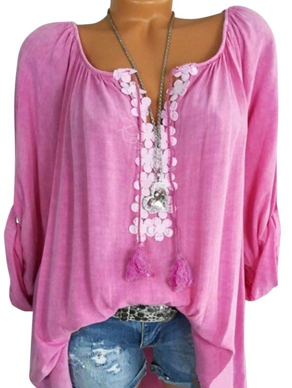 

Plus Size Lace Guipure Roll Up Sleeve Blouse, Light pink