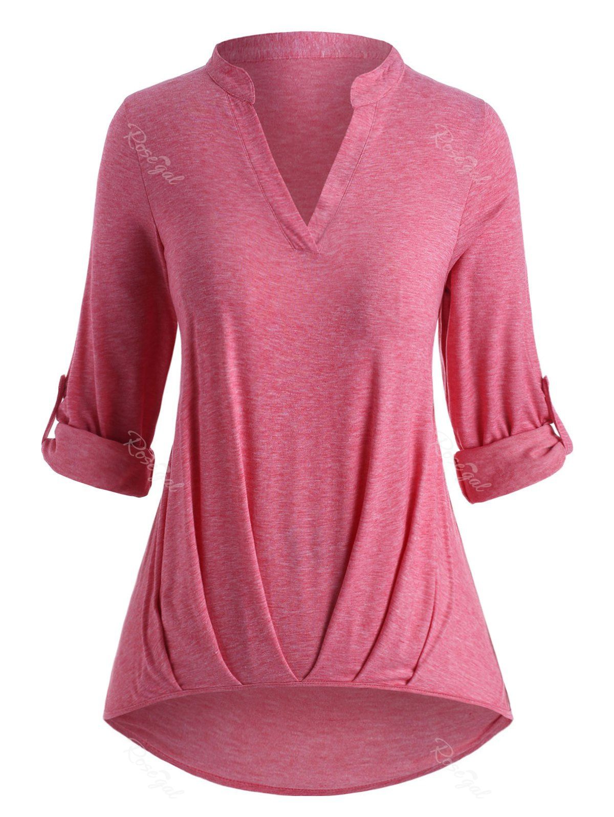 Plus Size Ruched Hem Roll Up Sleeve T Shirt, Light pink