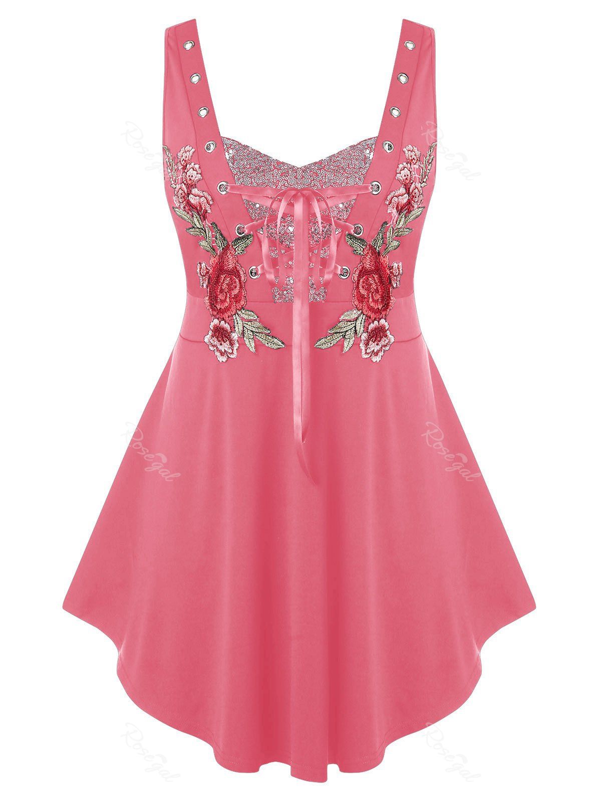 

Plus Size Embroidered Lace Up Sequin Tank Top, Watermelon pink