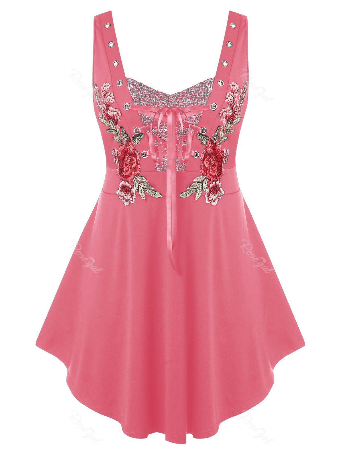 Chic Plus Size Rose Embroidered Lace Up Sequin Tank Top  
